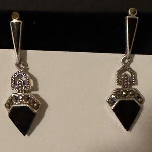 Elegant Vintage Black Onyx and Sterling Silver Drop Earrings